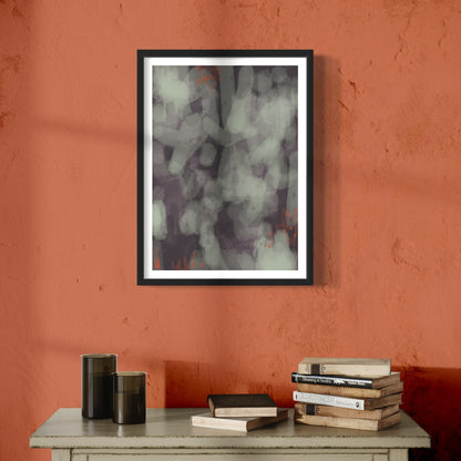 Purple Rain abstract art print in black frame created using the Farrow & Ball signature range, 236,254,268,271 & 294. On Farrow & Ball wall colour Farrow & Ball 268 (Charlotte's Locks).