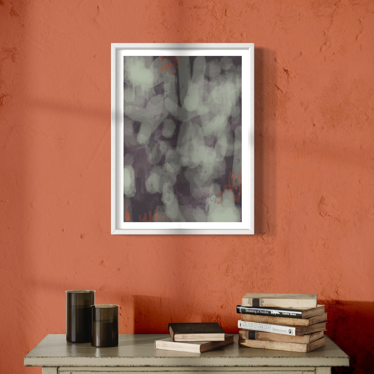 Purple Rain abstract art print in white frame created using the Farrow & Ball signature range, 236,254,268,271 & 294. On Farrow & Ball wall colour Farrow & Ball 268 (Charlotte's Locks).