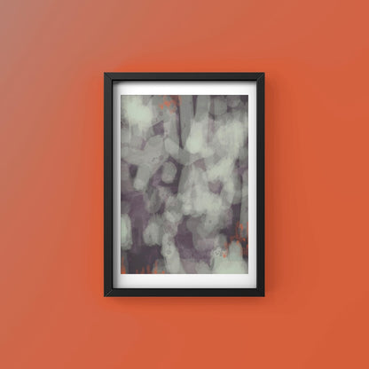 Purple Rain abstract art print in black frame created using the Farrow & Ball signature range, 236,254,268,271 & 294. On Farrow & Ball wall colour Farrow & Ball 268 (Charlotte's Locks).