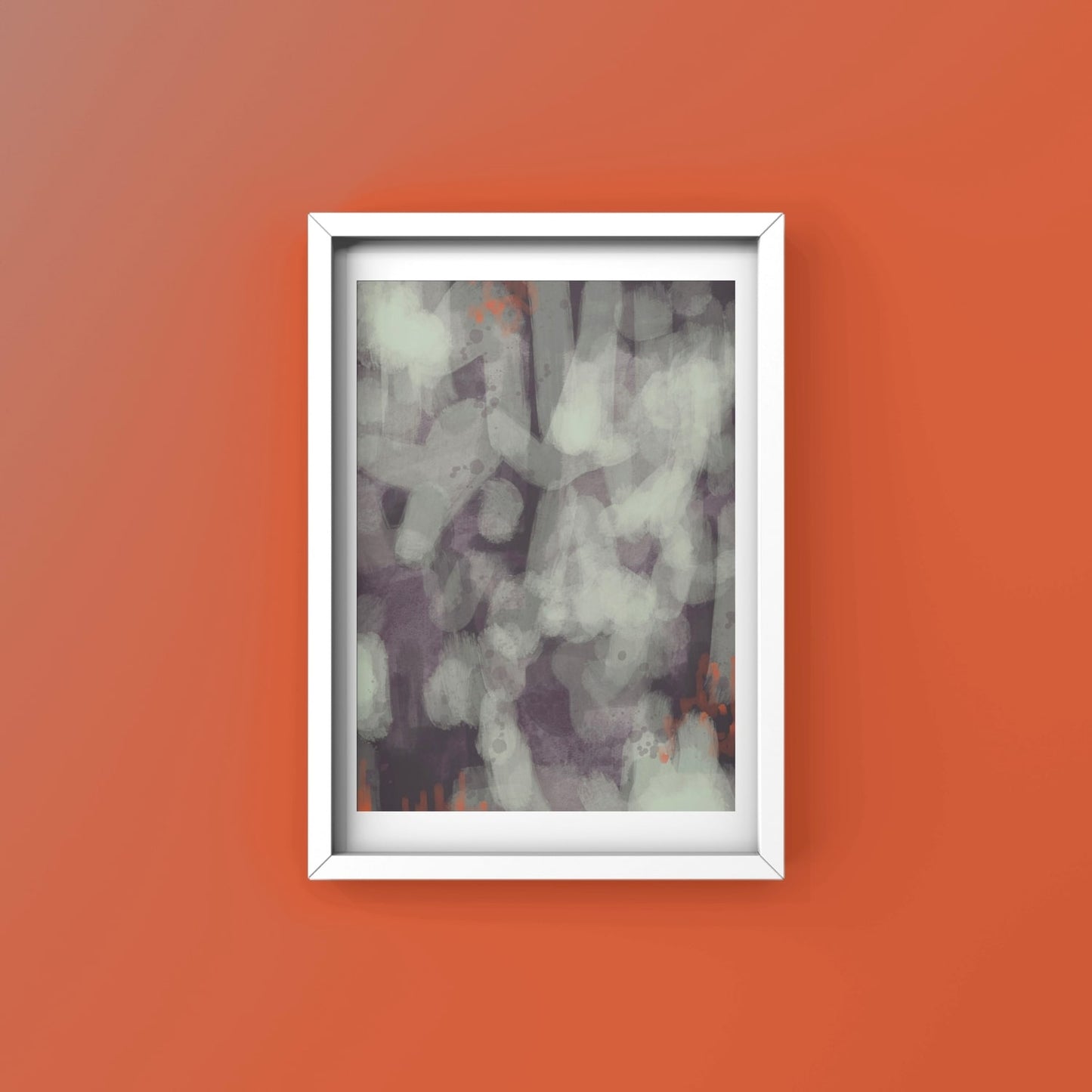 Purple Rain abstract art print in white frame created using the Farrow & Ball signature range, 236,254,268,271 & 294. On Farrow & Ball wall colour Farrow & Ball 268 (Charlotte's Locks).