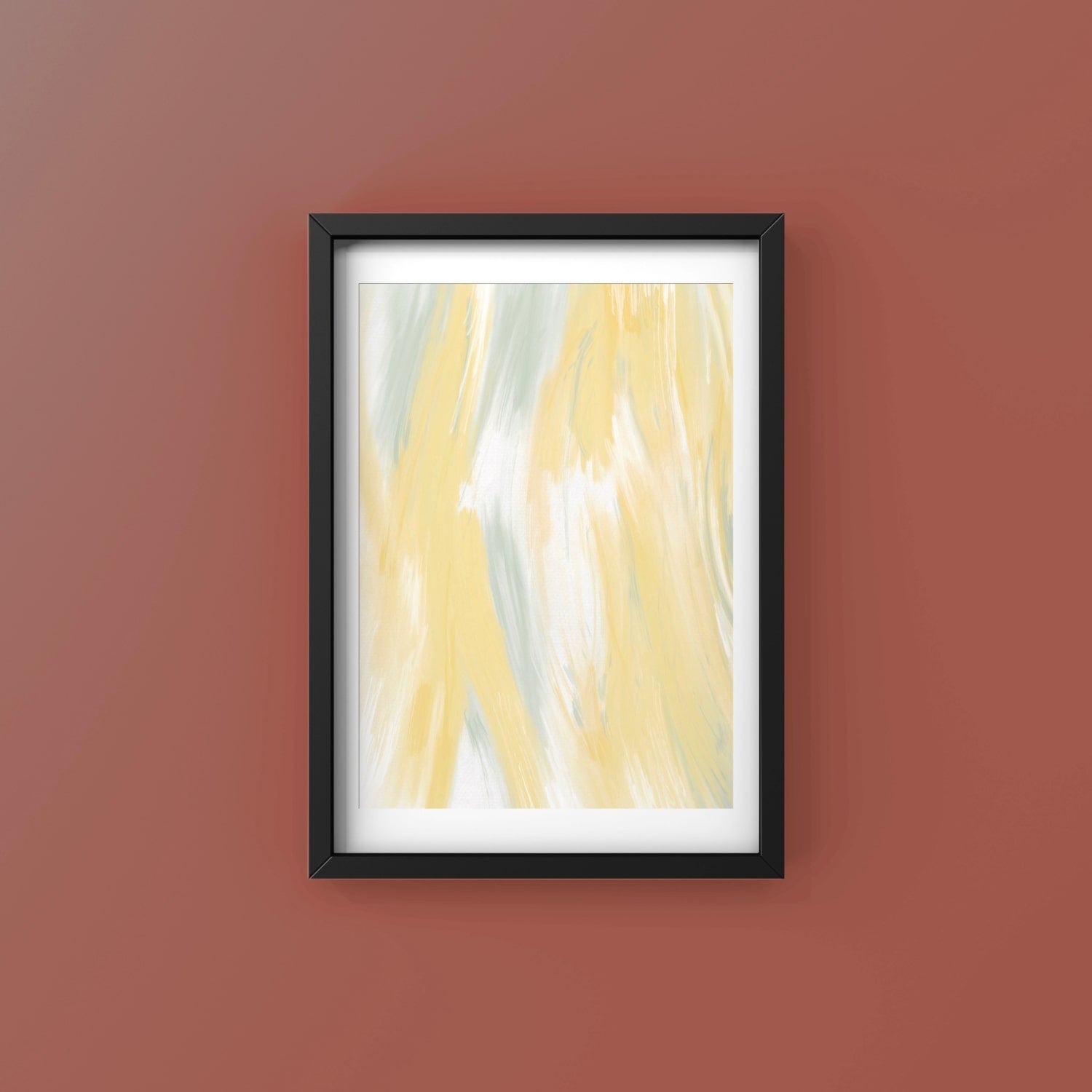 Abstract art print in black frame designed using Farrow & Ball signature & Archive colour palette range, CC4,74 & 233.  On wall colour 42 (Picture Galley Red).