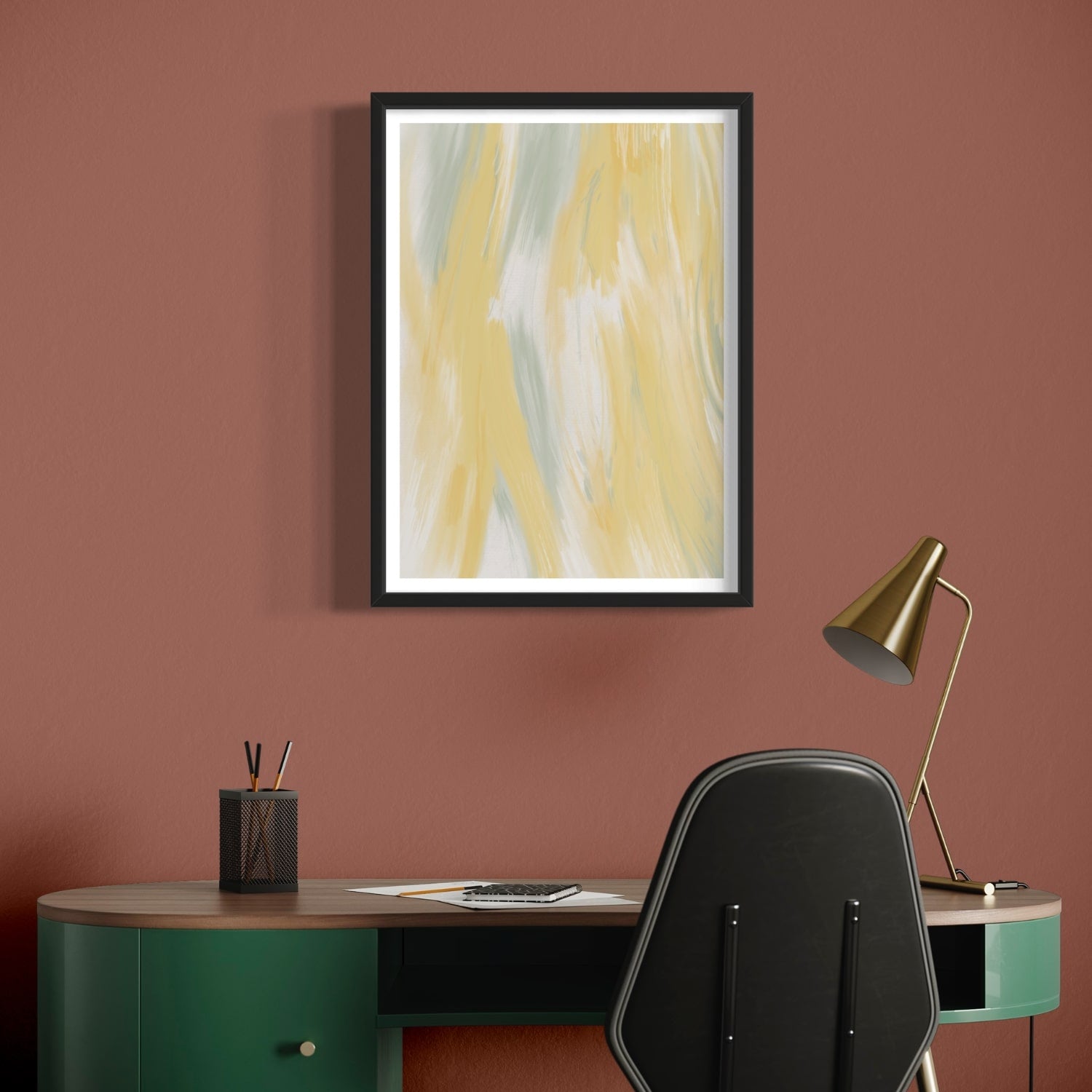 Abstract art print in black frame designed using Farrow & Ball signature & Archive colour palette range, CC4,74 & 233.  On wall colour 42 (Picture Galley Red).