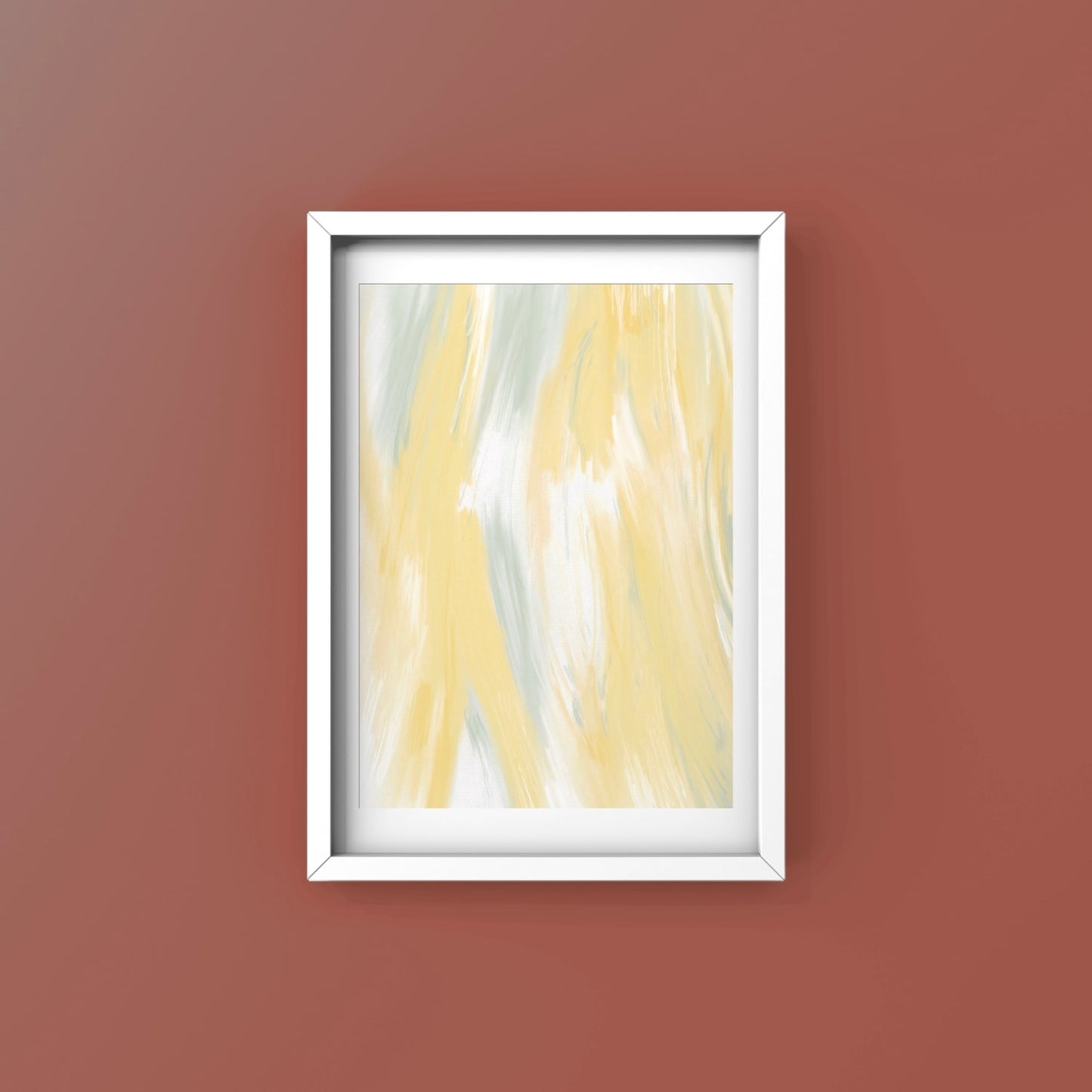 Abstract art print in white frame designed using Farrow & Ball signature & Archive colour palette range, CC4,74 & 233.  On wall colour 42 (Picture Galley Red).