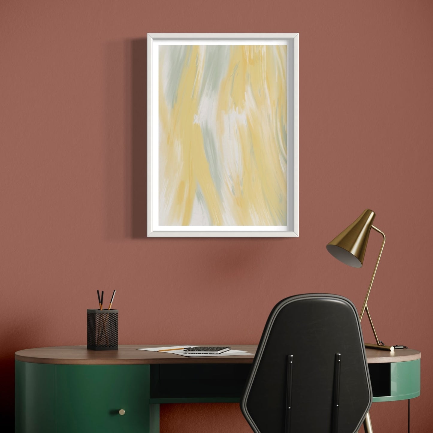 Abstract art print in white frame designed using Farrow & Ball signature & Archive colour palette range, CC4,74 & 233.  On wall colour 42 (Picture Galley Red).